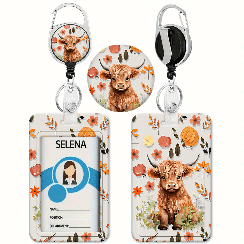 TEMU Cute Highland Cow, Brown Autumn Floral Pumpkin Pattern, Suitable For Printed Id With Retractable Id Holder - Badge Holder - Applicable For