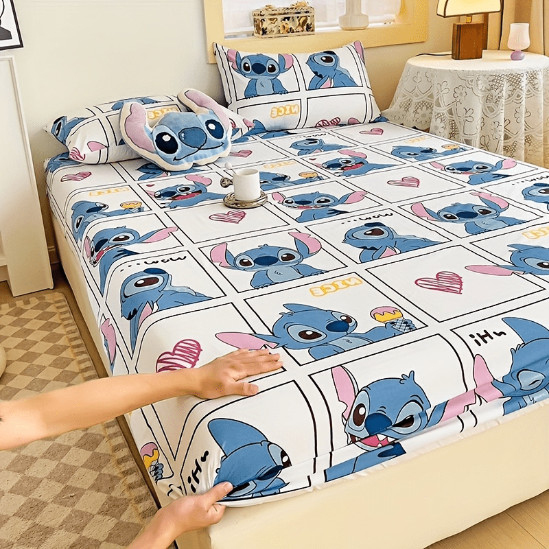 

Disney Stitch Themed 3pcs Bedding Set, Soft Fitted Sheet & Pillowcases, Blue Plush Cushion, Woven Fabric, Home, Office, Or Decor