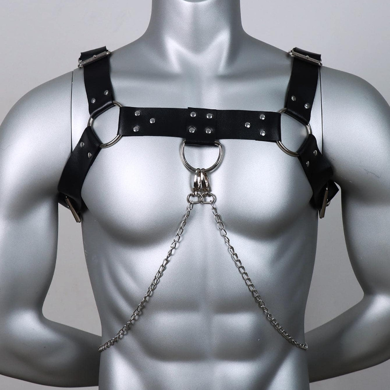 

Stylish Men's Leather Chest Harness With Chain - Versatile Shoulder Strap For Casual Wear & Halloween Costumes, Leather Strap, Shoulder Belt, Fashionable, Casual, Clothing Accessory