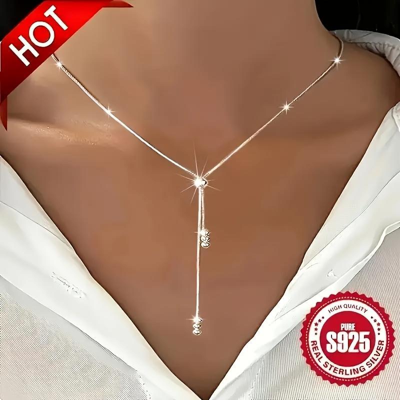 TEMU Elegant 925 Sterling Silver Y-shape Necklace For Women, Adjustable Bead Slider, Simple ,, Hypoallergenic, Versatile For , Ideal For & Vacation,