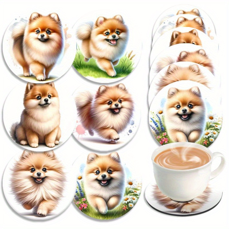 TEMU Wooden 6pcs Cute Pomeranian Acrylic Coasters- Suitable For Garden, Kitchen, And Living Room Decoration- Ideal Gift For , Home Decor, Garden