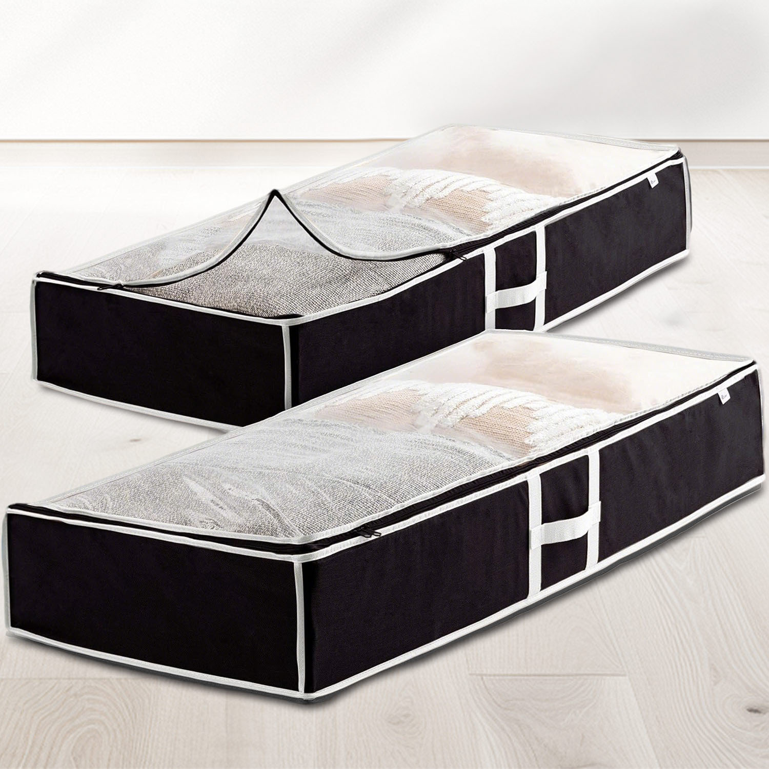 Image of 2- Underbed Storage Bags - Extra Large Zippered Storage Boxes For Bedding, King Size Duvet, Pillows, Shoes & Clothes - Non-woven Fabric Organizer (fits Under Bed), Under-bed Storage