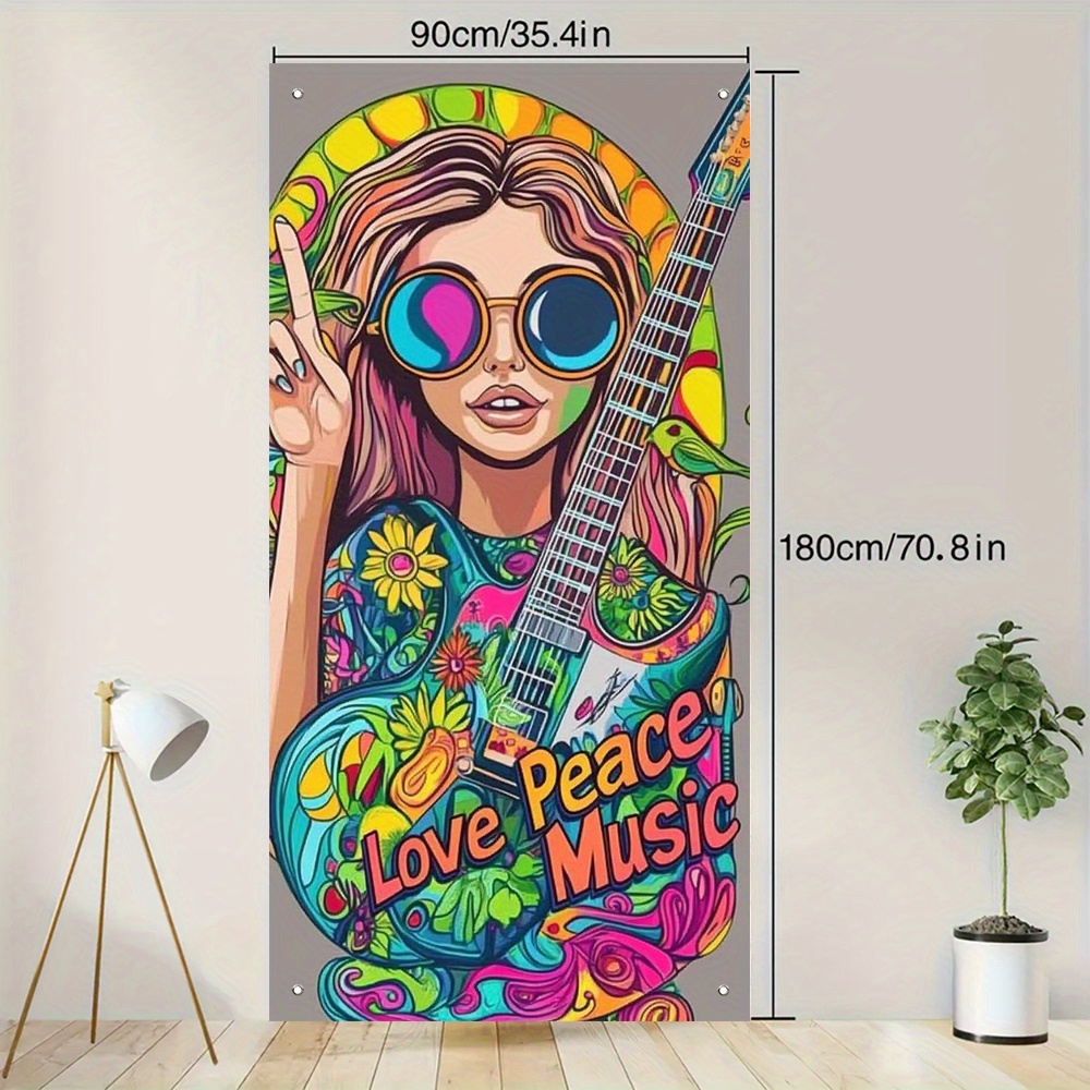 TEMU 2d Door Banner, 1pc Love & Peace Door Banner - 35.4x70.8 Inch Vibrant Floral Guitar & Peace Sign Design, Polyester Fabric No Electricity Needed