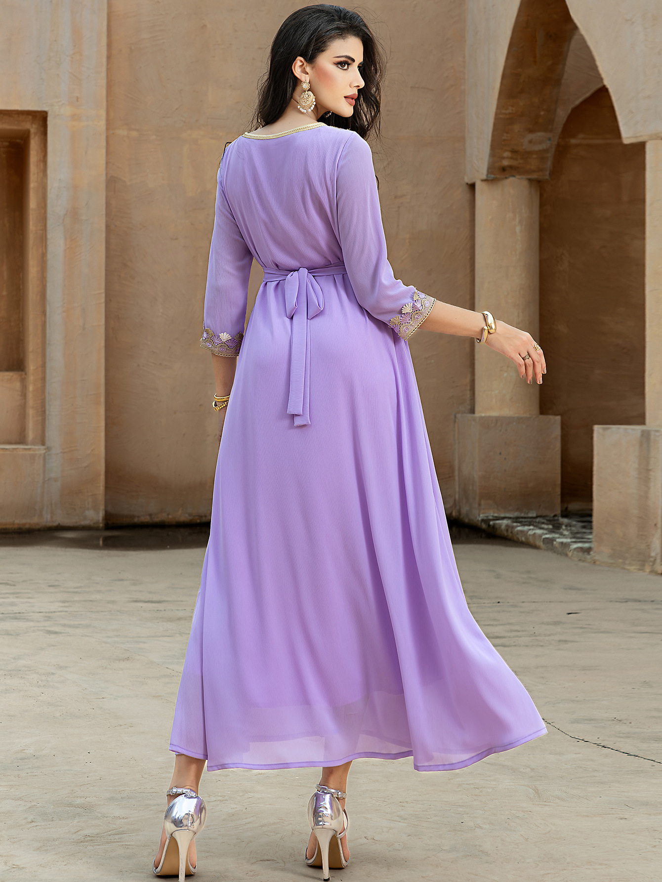 elegant lavender maxi dress golden waistband floral Temu Canada