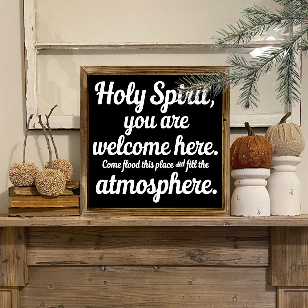 TEMU 2d Flat, "welcome " Framed Wooden Sign - 8x8 Inch Rustic Farmhouse Christian Wall Art With Black Background & White Lettering, Elegant Wood
