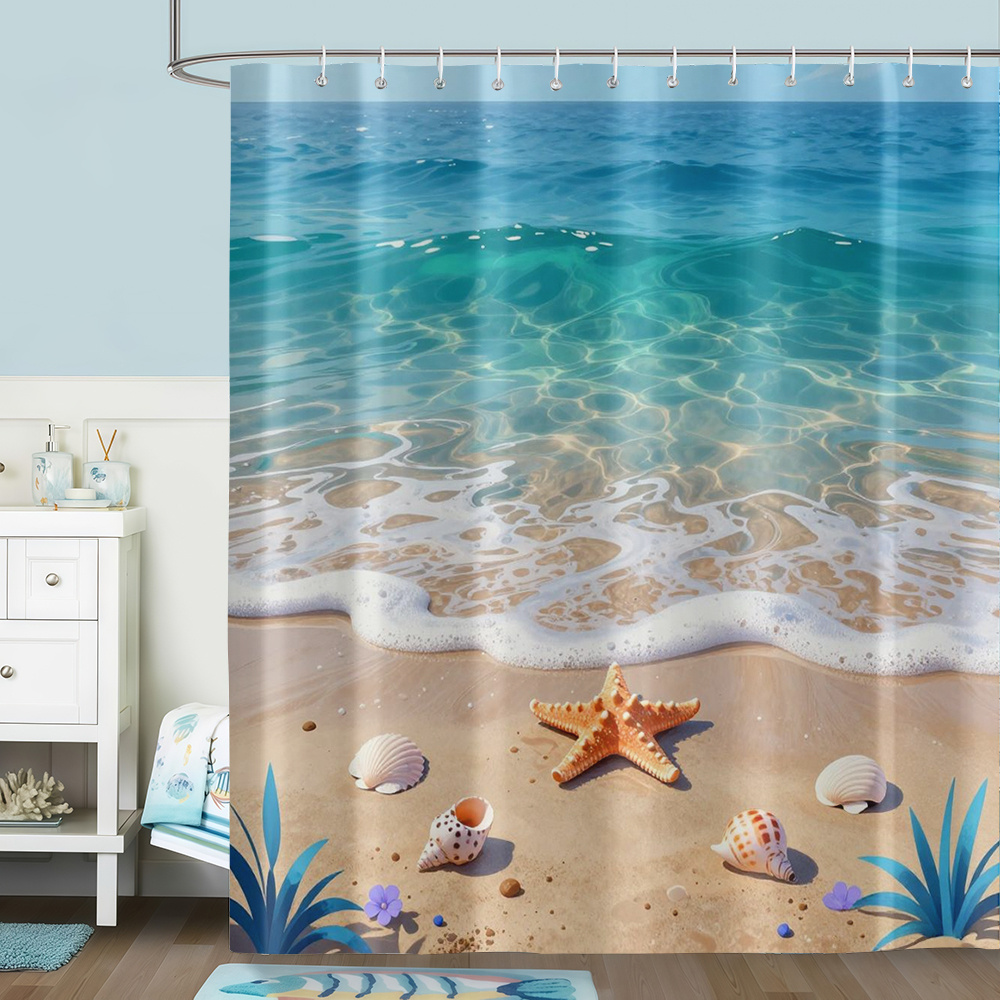 TEMU 1pc Beach Starfish Shell Pattern   'summer Beach' Slogan Shower Curtain, 12 Hooks Included, Suitable For Windows And Walls Bathtub Bathroom Home