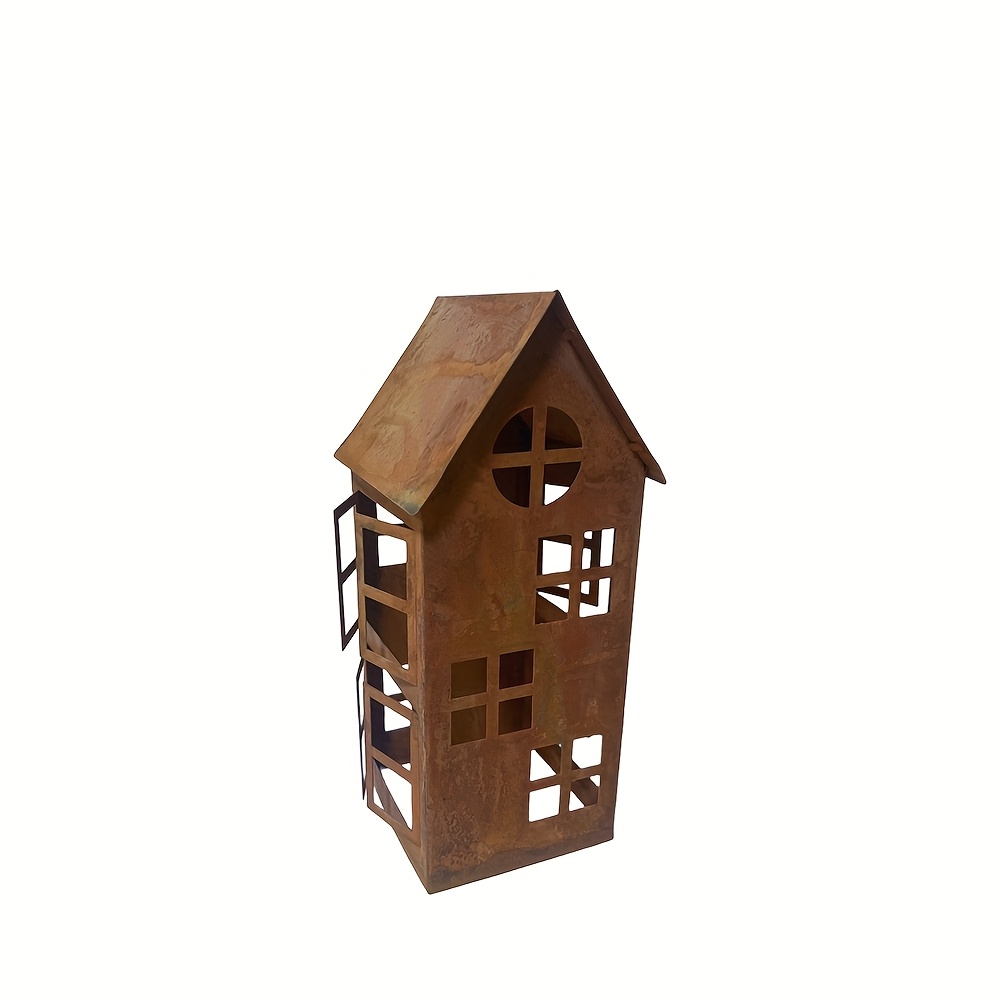 Image of 1 Rusty House Holiday Candle Holder, Rust-colored Decorative Lantern Candle Holder, Lantern Decoration, Housewarming Gift, Christmas Decorative Candle Holder