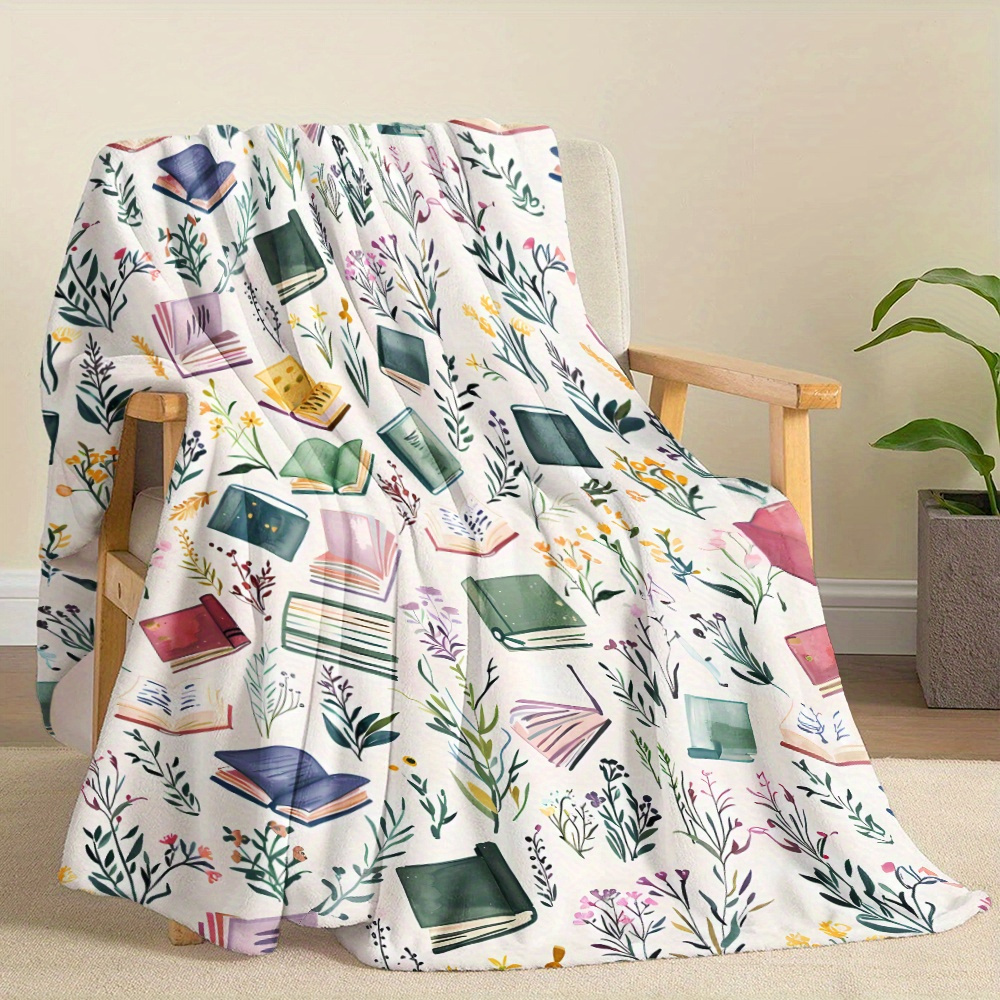 TEMU 1pc A Comfortable Watercolor-themed Book And Design Blanket - A Soft And Warm Flannel Throw Ideal For Napping, Camping, Traveling, And Home Decoration. An Gift For Book Lovers, ,