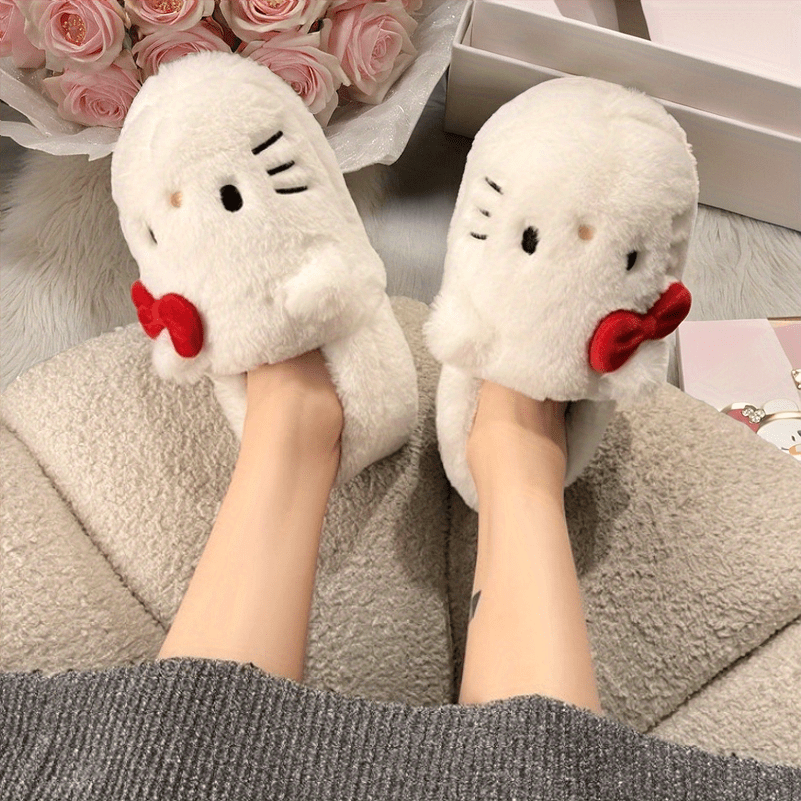 Sanrio Genuine Cute Hello Kitty 4-Ear Full-Cover Heel Plush Slippers - Cartoon Character Design, Soft Flannel Fabric and Lining with Anti-Slipl TPR Sole for Warm Comfortable House Shoes at Home