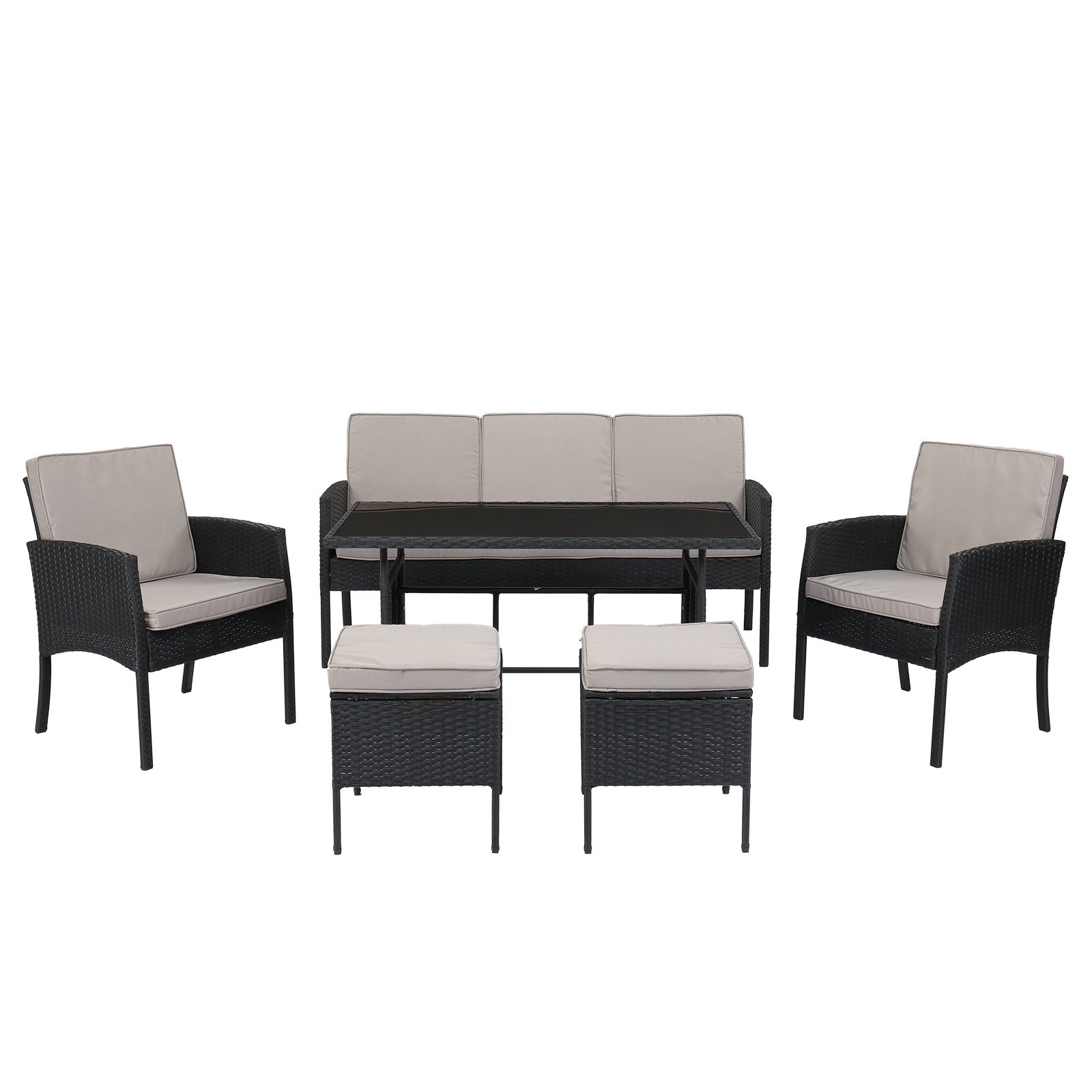 1pc Table And 1pc 3-person Armrest Sofa And 2pcs Double Armrest Sofas And 2pcs Footstools Black Rattan Gray Cushion Woven Rattan Multi-piece Set
