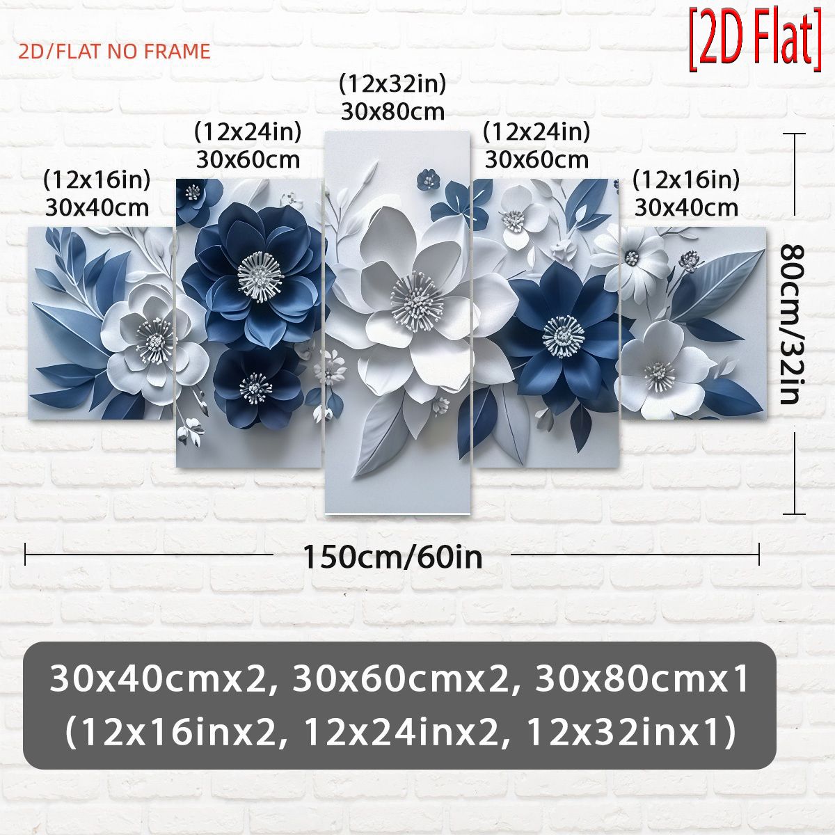 TEMU Ensemble de 5 pièces d'art mural sur toile cadre, plat 2D, (2D plat) sur le thème floral bleu et blanc élégant, idéal pour la décoration
