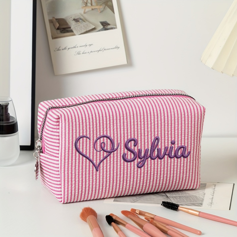 TEMU Custom Embroidery Personalized Striped Bag Name -- Portable Compartment Makeup Bag Travel Portable Women's Toiletry Organizer
