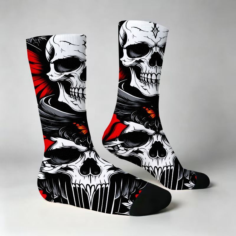 TEMU Gothic Skull Print, And Black Artistic Graphic Hosiery, Streetwear Style Casual Socks For Men And Women, Comfortable Stretchy Durable Socks