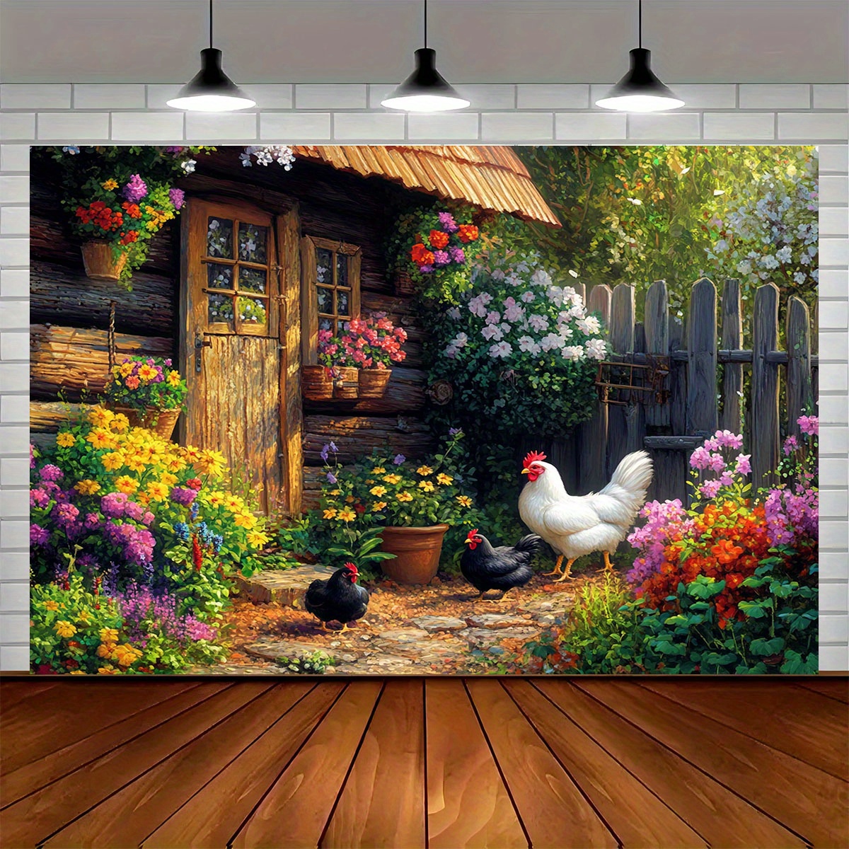 imagen del artículo   es un banner   2    una   rústica de jardín   con flores, gallinas y un   de madera. es un   de poliéster     para fotografía en  , fiestas  . no requiere electricidad para su instalación.