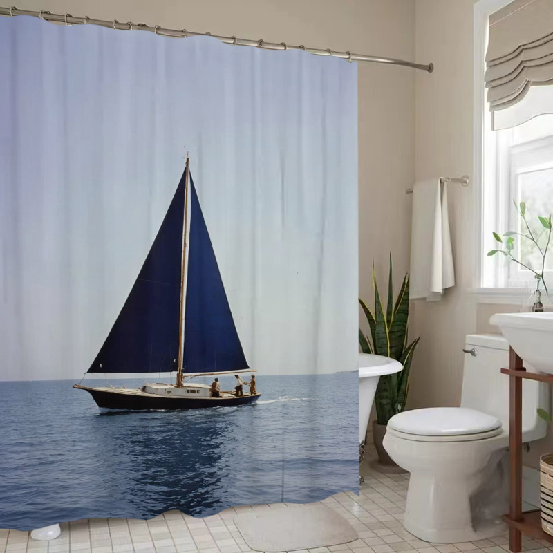 1   plat minimalistisch douchegordijn in scandinavische   met zeilboot die op zee vaart, digitaal   badgordijn, boorvrij scheidingsgordijn voor de badkamer, geschikt voor alle seizoenen, artistiek ontwerp, hoogwaardig elegant vintage minimalistisch, badkameraccessoire