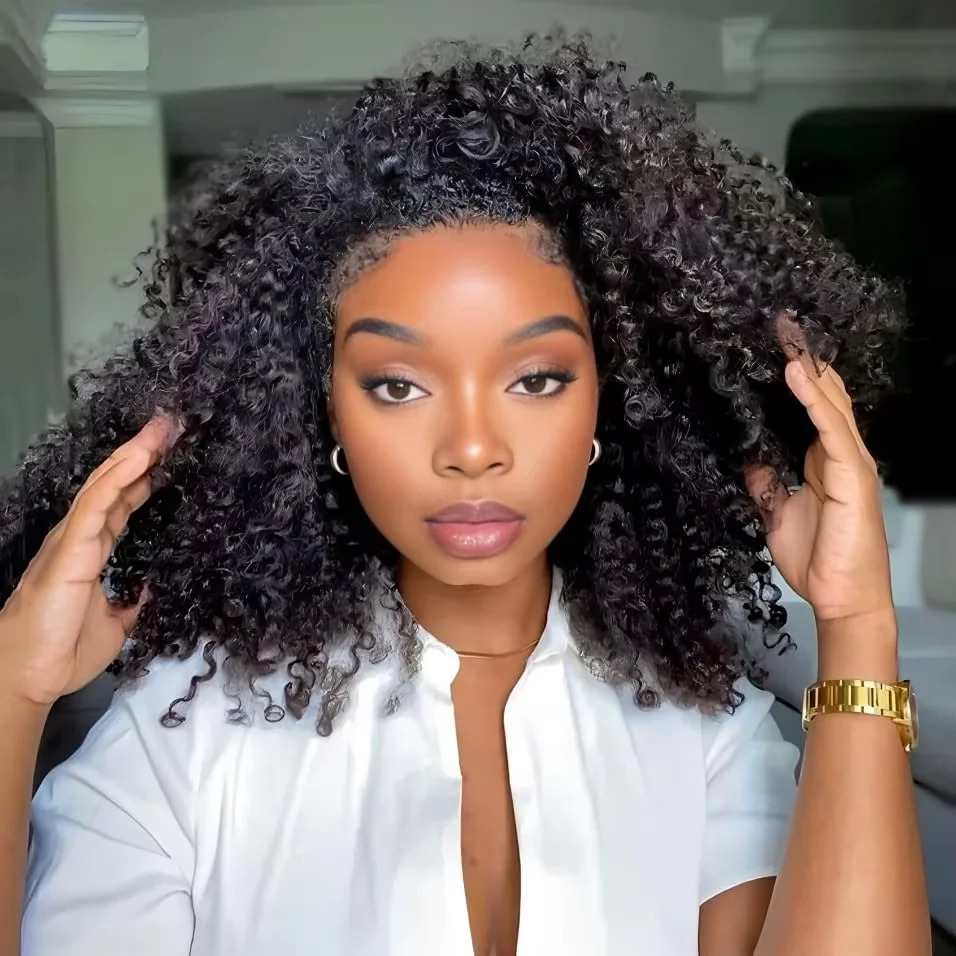 Image of Glueless Human Hair Wigs Curly Headband Wig Upgrade 3in 1 Half Wig With Drawstring Seamless Clip Ins Flip Over For Women 250% Density