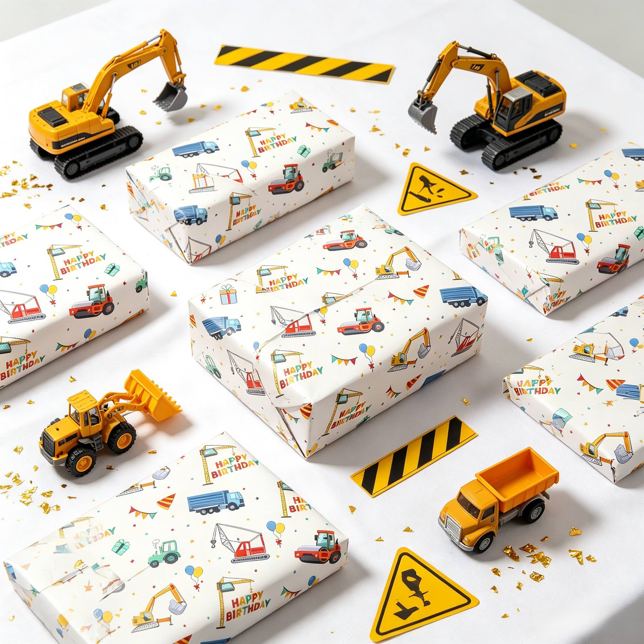 TEMU 1 Rolle dekoratives Geschenkpapier im Industrie-Stil, Bagger, Kran Lastkraftwagen mit „Happy Birthday“-Aufdruck, geeignet für Freundegeschenke,