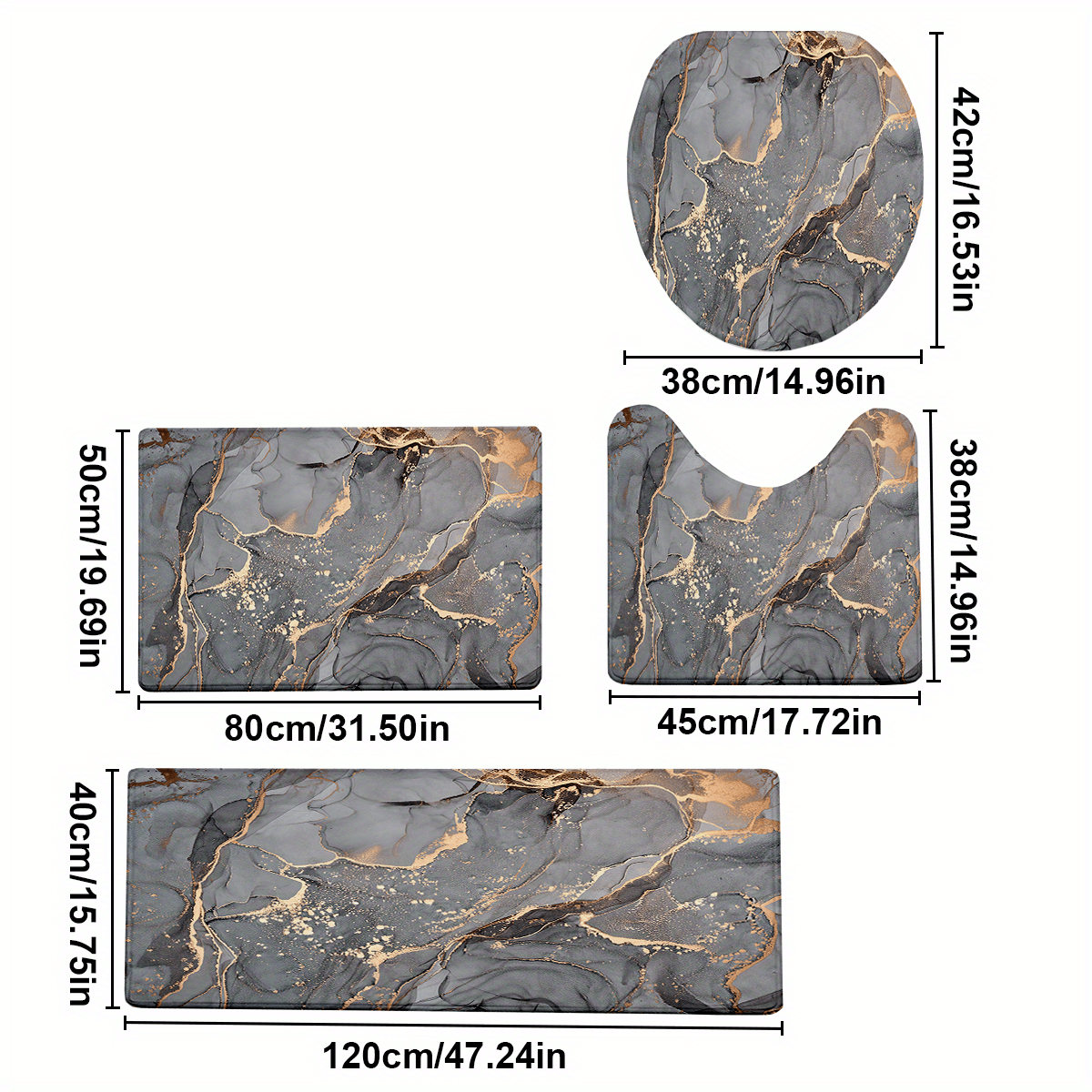 TEMU 4pcs/set Gray Marble Art Printed Bathroom Protective Pad Set, Non-slip Bathroom Mat, Flannel Bathroom Mat, Bathroom Floor Mat, Toilet Mat