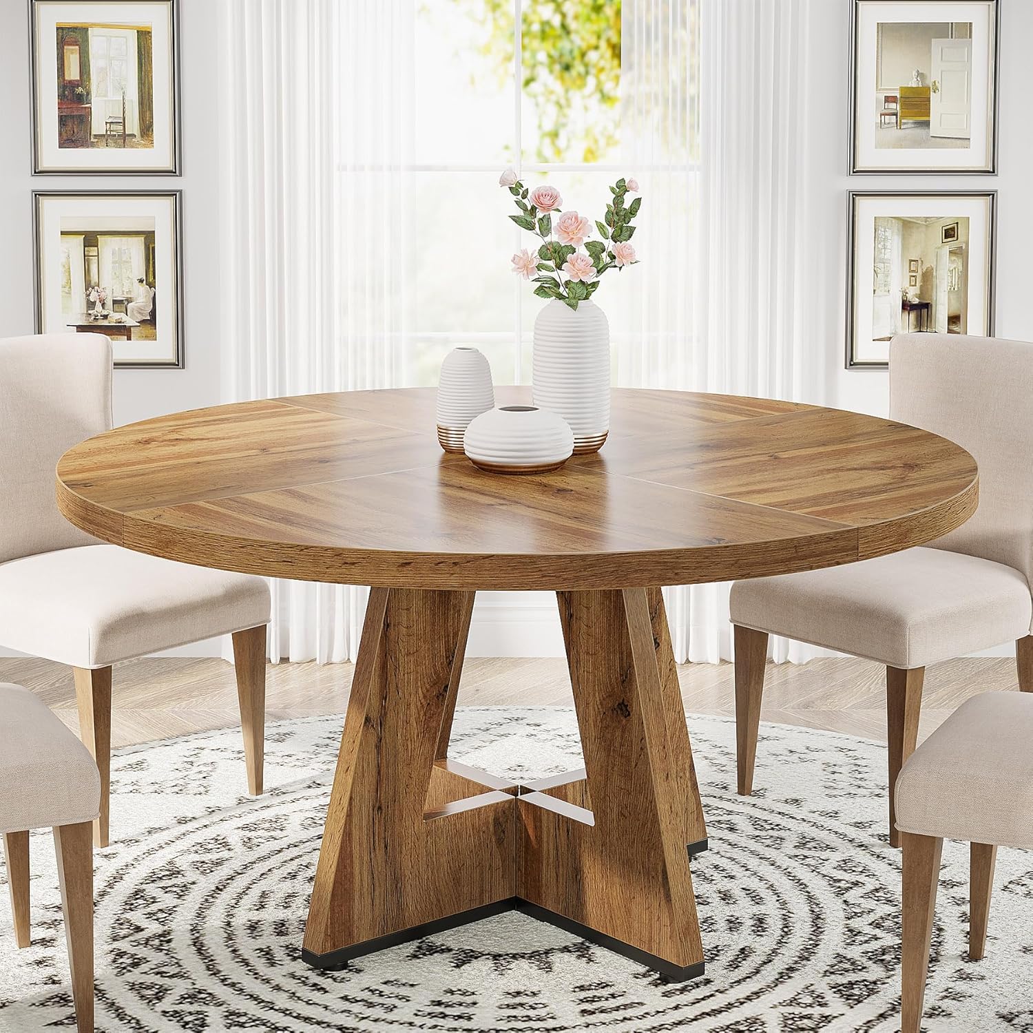 47" Farmhouse Round Dining Table With Wood Tabletop & Base - Kitchen Table Suitable For 4 Adults, Easy Assembly, Rustic Wood And Metal Dinner Table For Dining Room