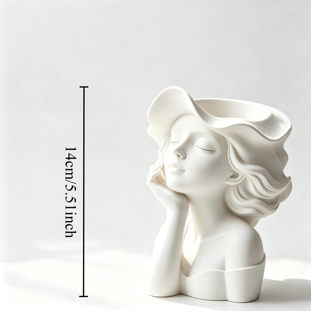 TEMU 3d Printed Holding Face-shaped Planter Vase, Closed-eye Chin-resting , Large Brimmed Hat And Wavy Hair Artistic Portrait, Height 14cm, Desktop