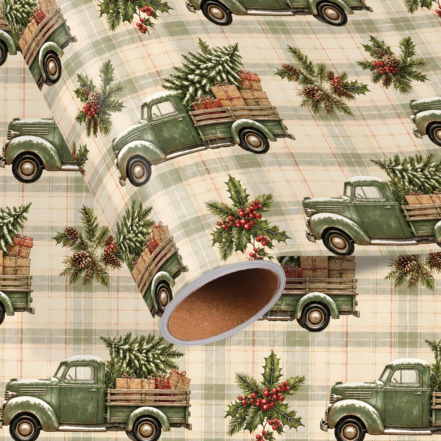TEMU 1 Rotolo di Carta da Regalo Natalizia con Camion Vintage, Adatta per Regali di Natale, Carta da Regalo a Quadri Pino con Rami di Pino, e di ,