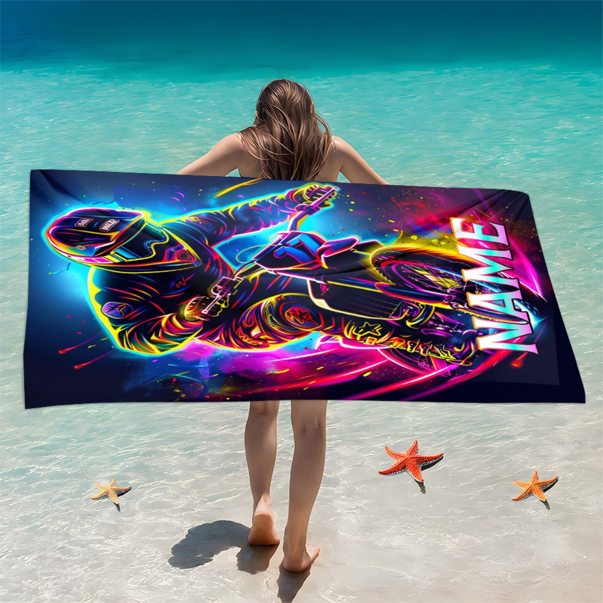 TEMU 1pc Motocross Rider Custom Name Beach Towel - Soft, Ultra-absorbent Microfiber, Lightweight, Beach, Parties, Travel, Camping - 55x27in/63x31in,