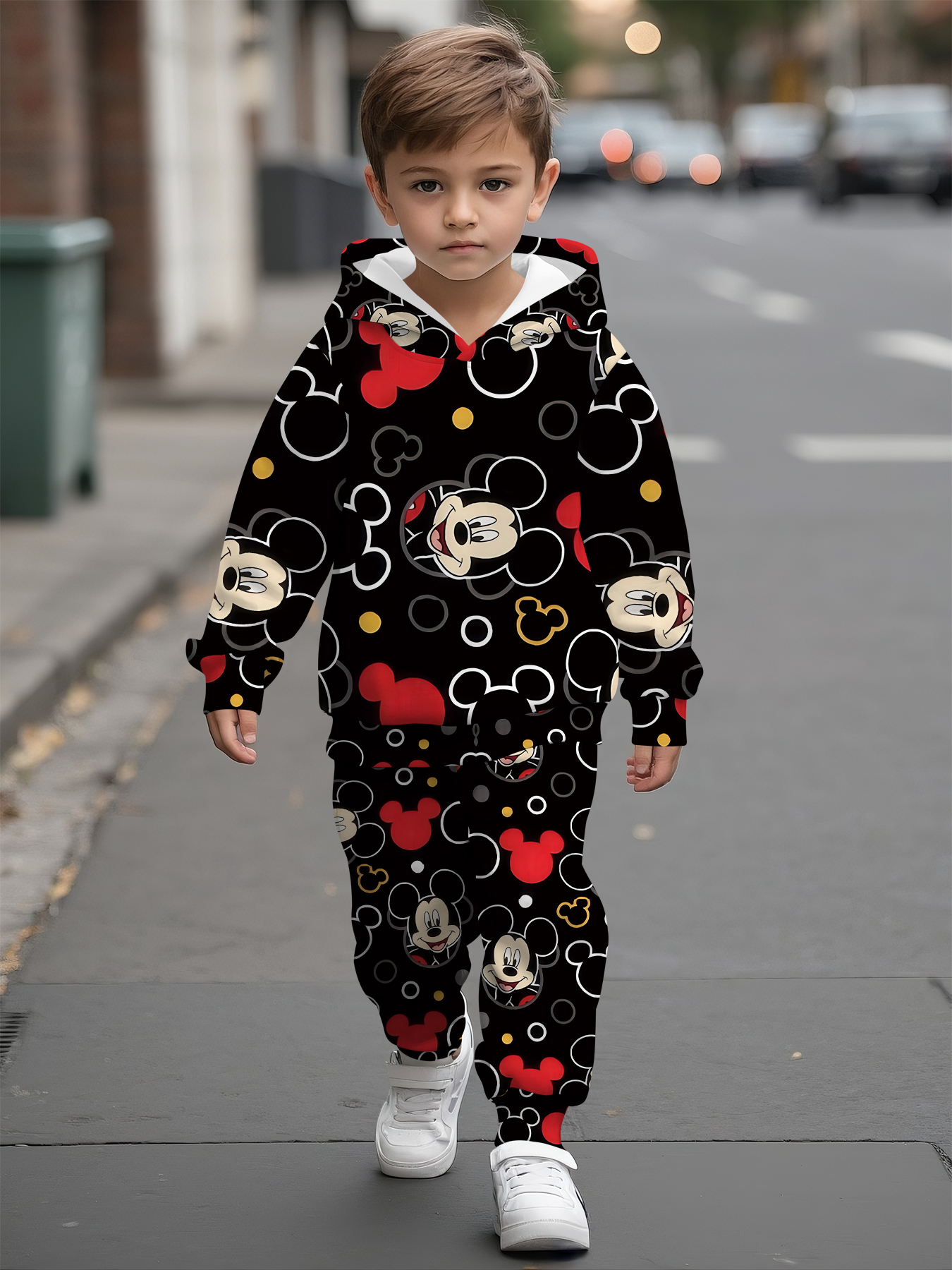 2-delig Jongens Disney Black Full Print Mickey Thema Digitale Print Design, Hoodie met Lange Mouwen en Broek Set, Geschikt voor Kinderkleding. Gemaakt van Comfortabele Stof, Perfect voor Lente- en Herfstseizoenen, Ideaal als Casual Sportoutfit, Geweldig voor Buiten Gebruik