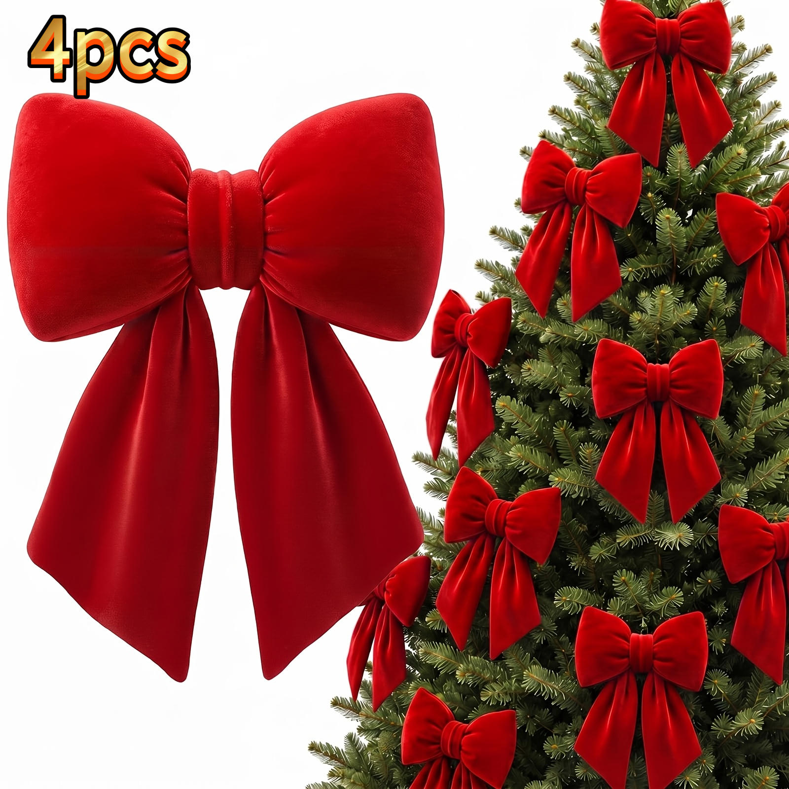 TEMU 4 pezzi di fiocchi in adatti per decorazioni dell'albero di Natale, fiocchi di nastro pre-annodati con lussuoso e elegante nodo per ornamenti