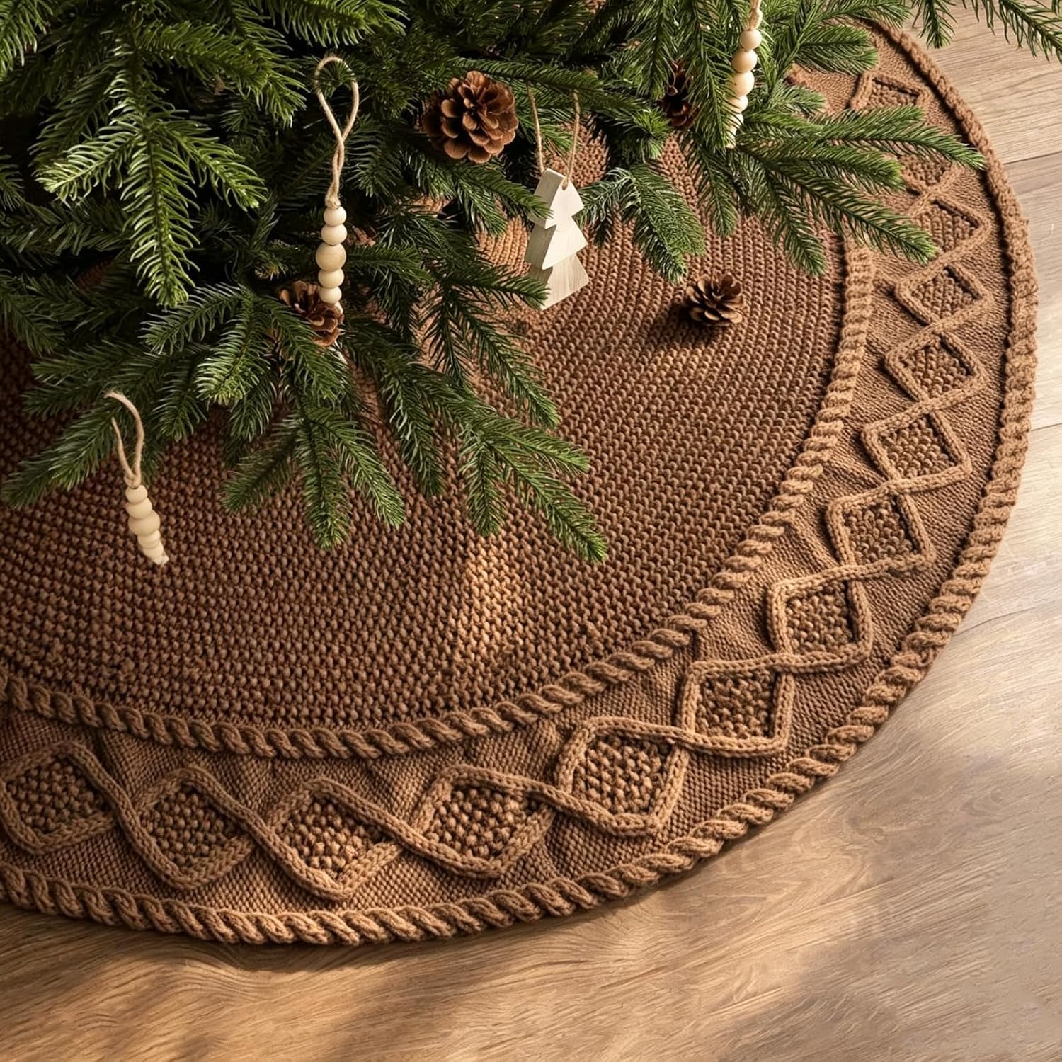 TEMU Jupe de sapin de Noël 36 pouces : Jupe de sapin crayon pour sapin de 6 pieds, Jupe de sapin petite marron occidentale à bordure en tricotée,