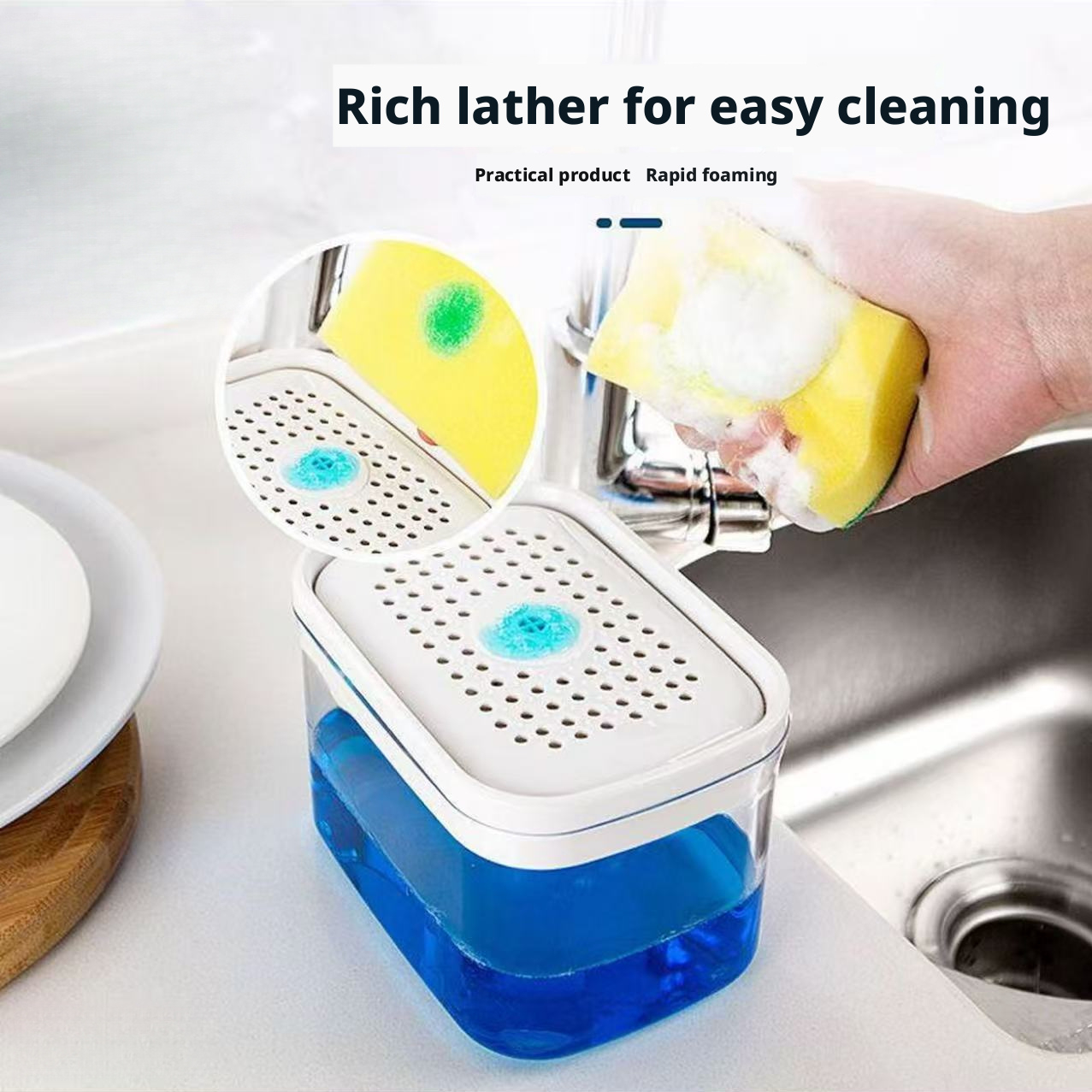 TEMU Distributeur de savon à pression manuelle pour la vaisselle de cuisine, distributeur de liquide automatique, tampon à récurer, brosse à
