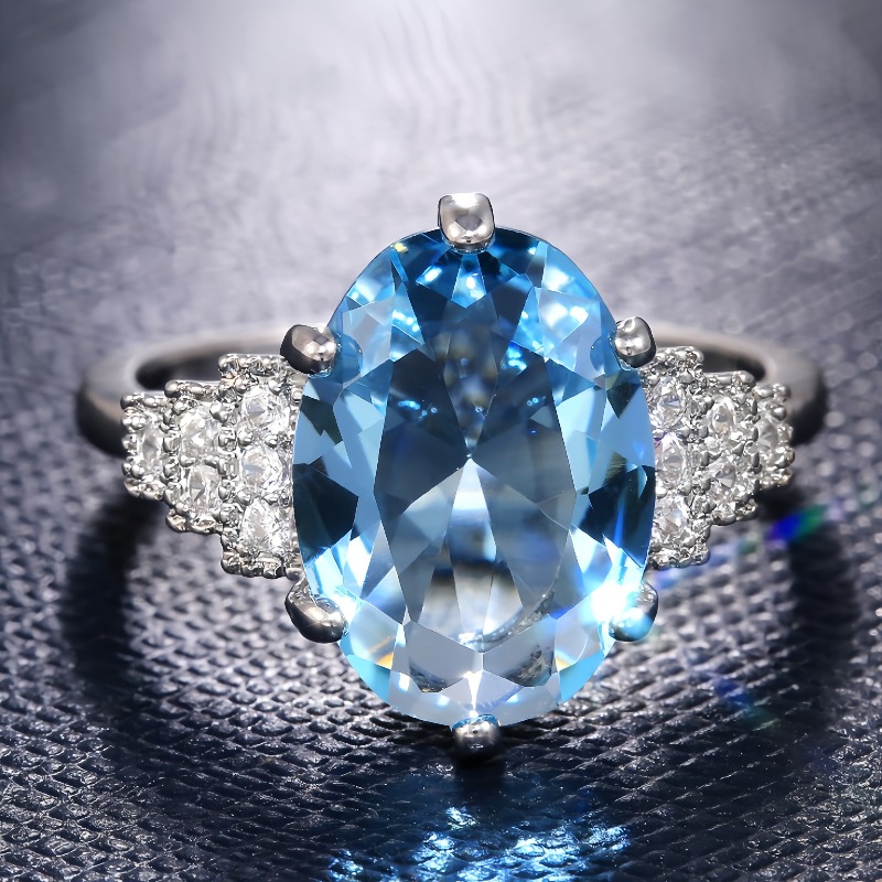 TEMU Anillo de de lujo incrustación de circonita cúbica sintética azul de corte ovalado para banquete, , boda, , uso diario, vacaciones, accesorio de