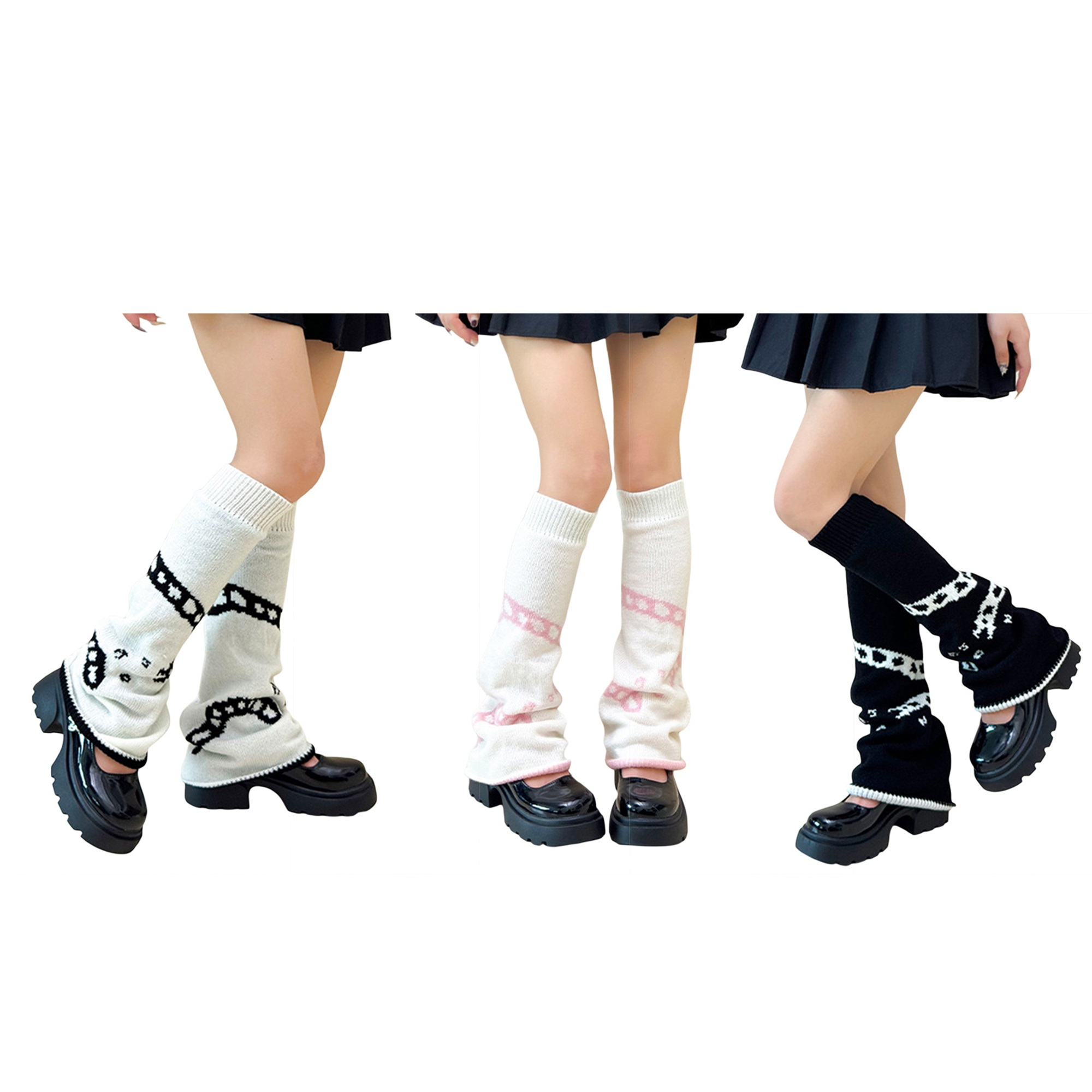 Y2K Goth Harajuku Leg Warmers For Women & Girls - Flared Knit Boot Socks, Black & White, Kawaii Lolita Fashion Accessory