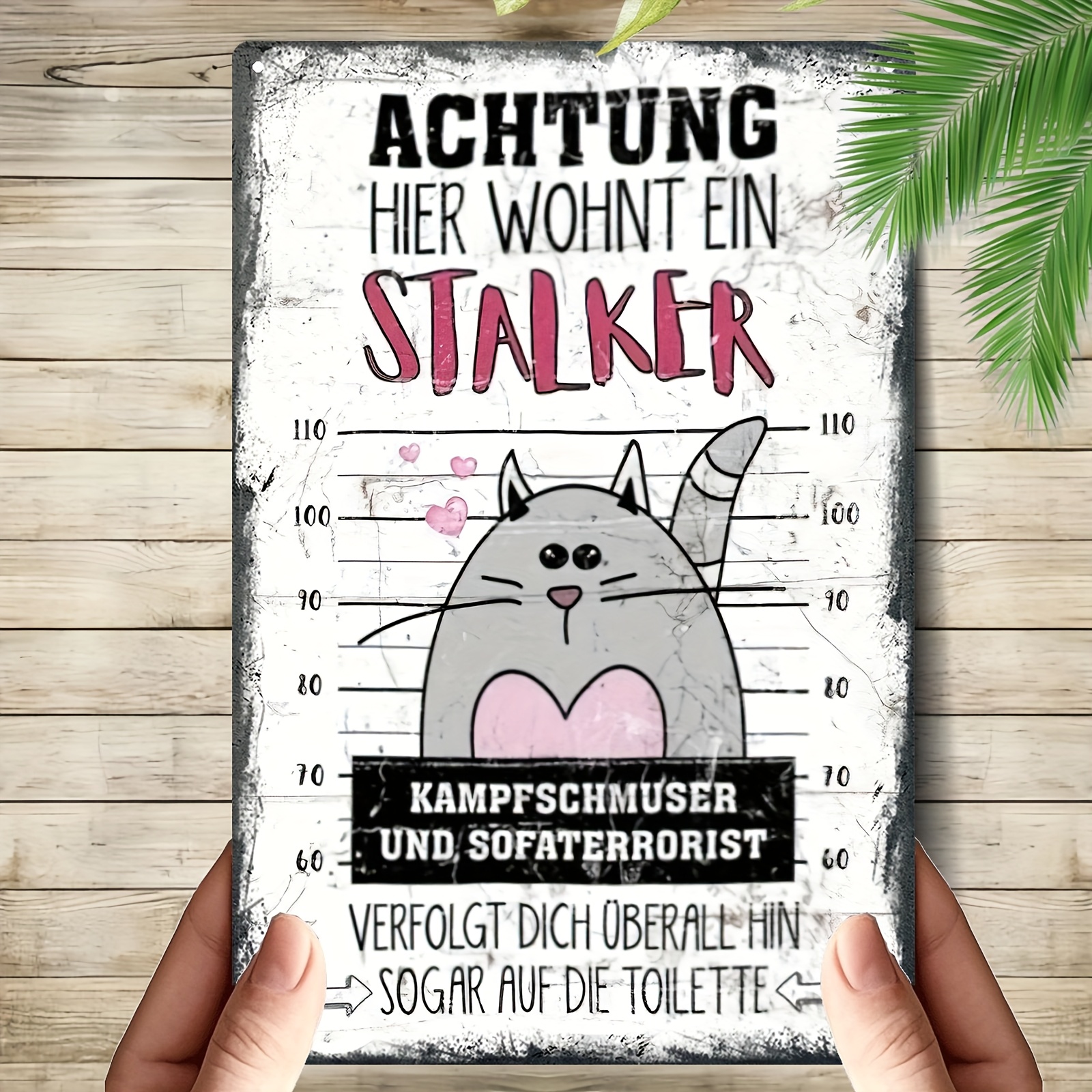 E-shop 2D Flach, 2D Flach - Eine humorvolle Eisenwanddekoration mit verspieltem Katzenmotiv, Maße 20x30 cm / 8x12 Zoll, mit deutschem Text. Diese