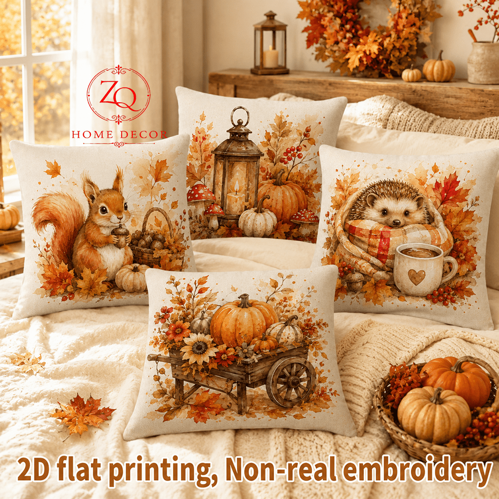 TEMU 2d Flat - 4pcs, 2d Flat Printing, Retro Autumn Atmosphere Pillow Covers, Squirrel Hedgehog Pumpkin Autumn Cushion Covers For Bedside And Sofa