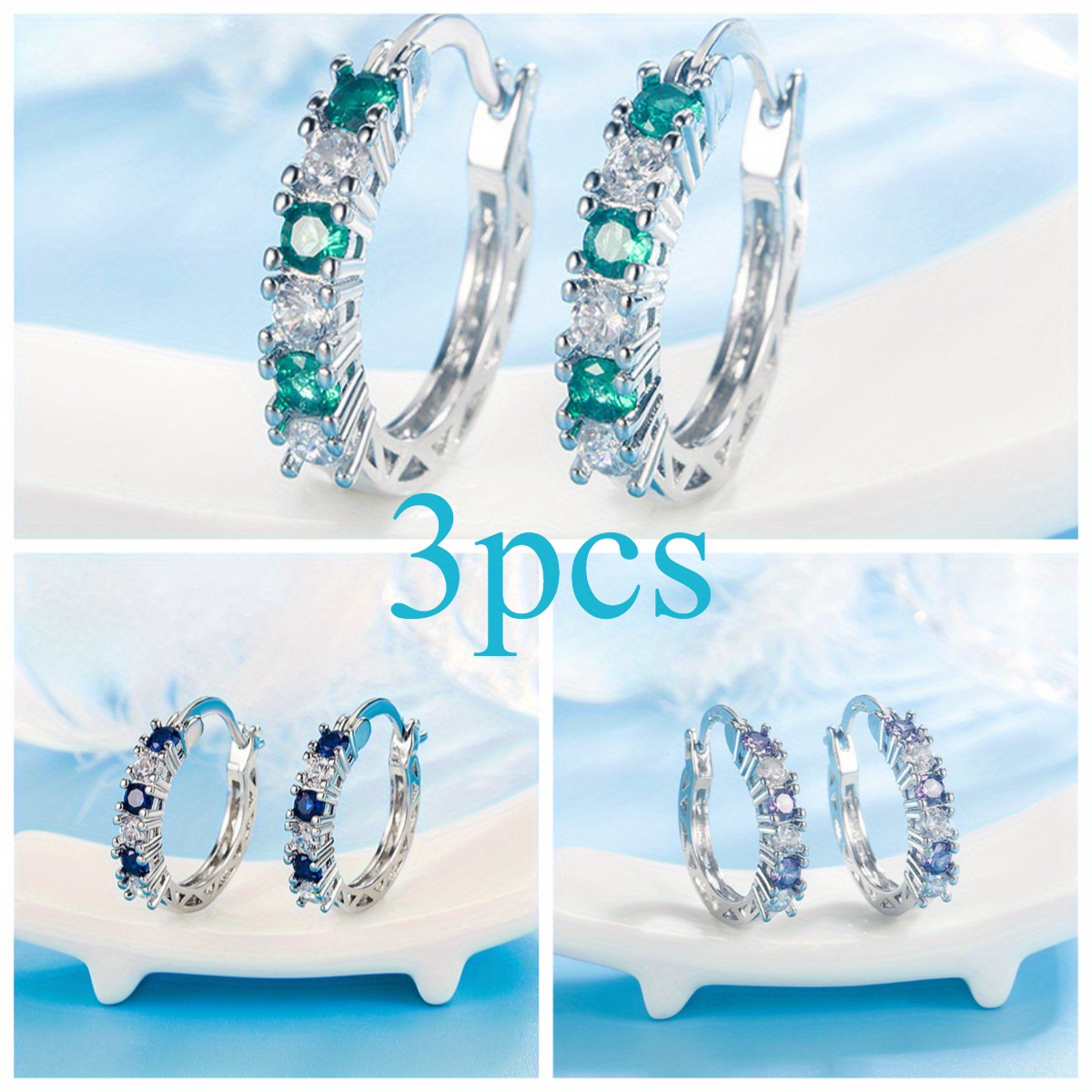 TEMU 3pcs/ 1 Set Of Fashionable S925 Synthetic Zirconia Earrings, Women's Jewelry, With 3 Colors From - Multifunctional Clothing, Daily Jewelry,
