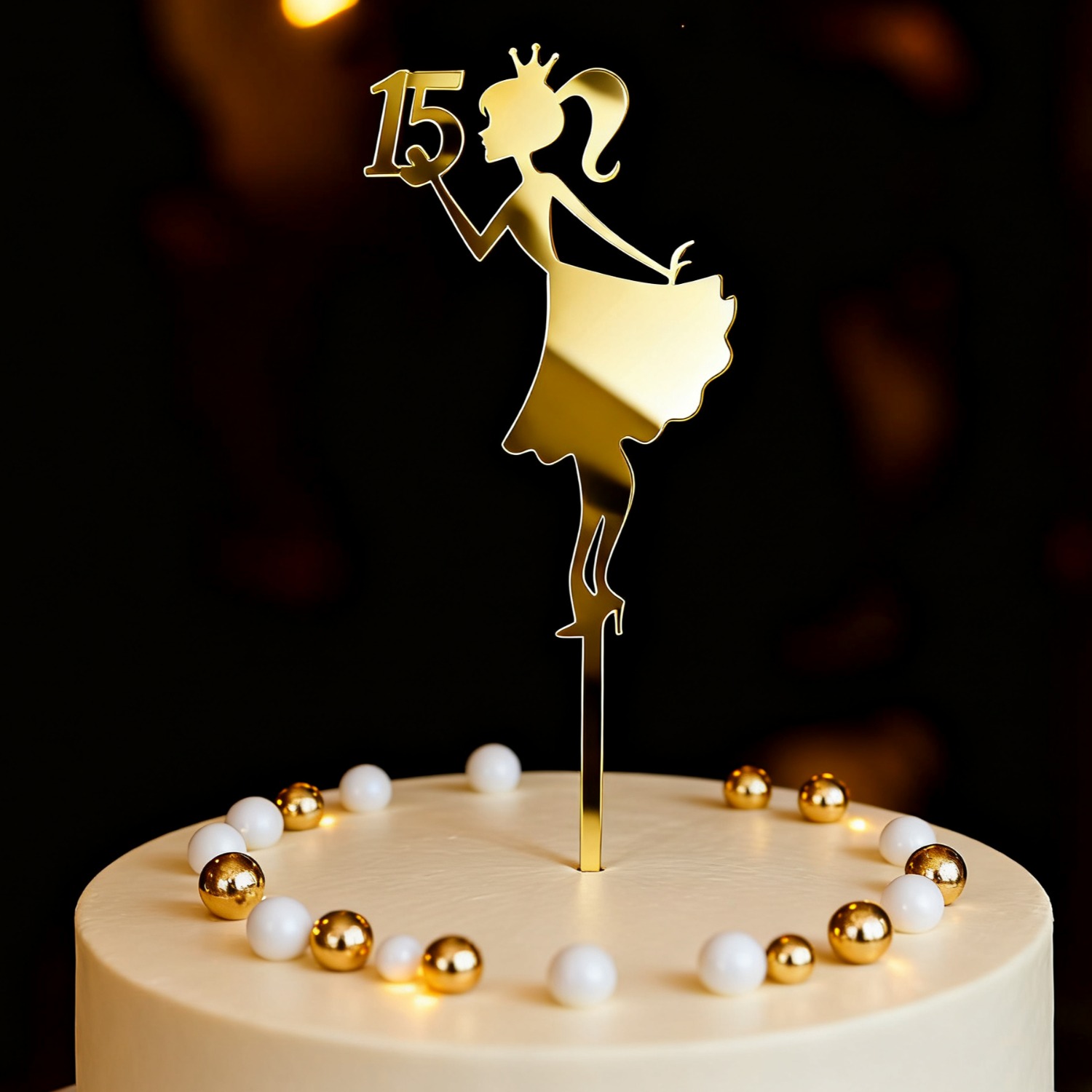 Image of 1pc Golden Acrylic 15 Cake Topper, Happy 15th Birthday Decor, Modern Glittery Acrylic Cake Pick, Party Supplies For Girls, For New Year Easter Mothers Day Graduation No Batteries Required