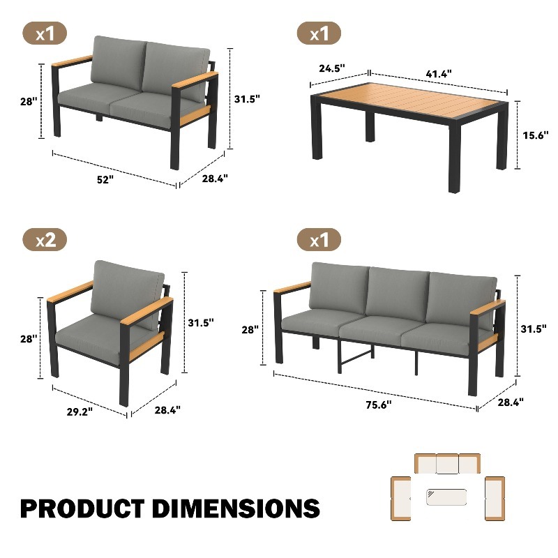 Modern 4/5/7pcs Metal Patio Furniture Set, Outdoor Conversation & Pub Table Set with Coffee Table for Porch, Balcony and Sunroom, Gray