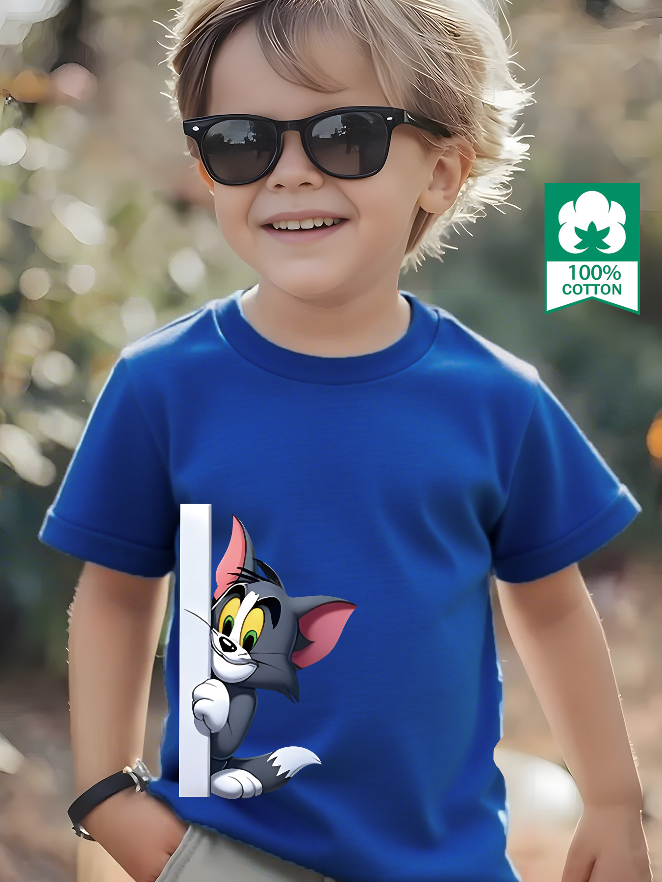 100% Pure Knitted Short-Sleeve T-Shirt, Breathable And Sweat-Absorbing, a Casual And Versatile Round-Neck Short-Sleeve Top for Boys, Featuring a Cute TOM And JERRY Cartoon Print, Machine Washable - Available in 10 Options, Sweat-Resistant