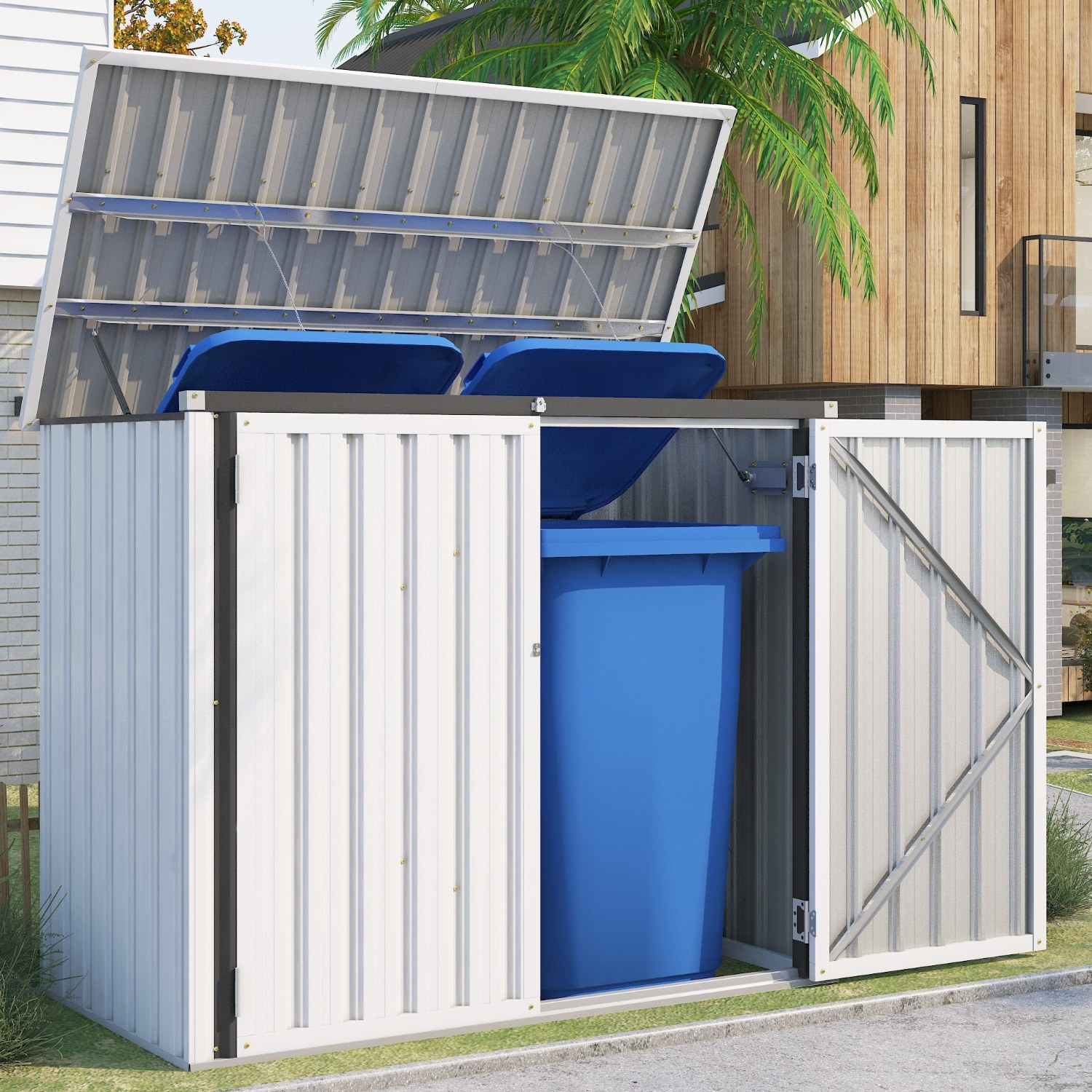 Temporary And Removable Trash Can Storage Cabinet, Lockable Garden Storage Cabinet With Gas Lift, Weatherproof Outdoor Tool Shed, 150.6 X 80 X 117.6 Cm