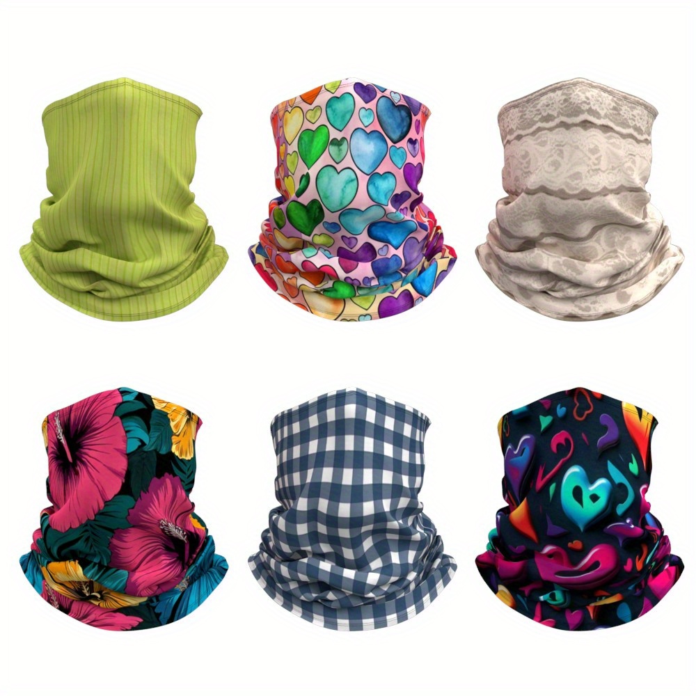 6pcs 9x18 inch high   gaiters scarf for fishing hunting   multi purpose outdoor headwear with 6 versatile designs striped heart lace floral checkered abstract breathable for cycling parties cold weather fashionable headscarves comfortable headwear