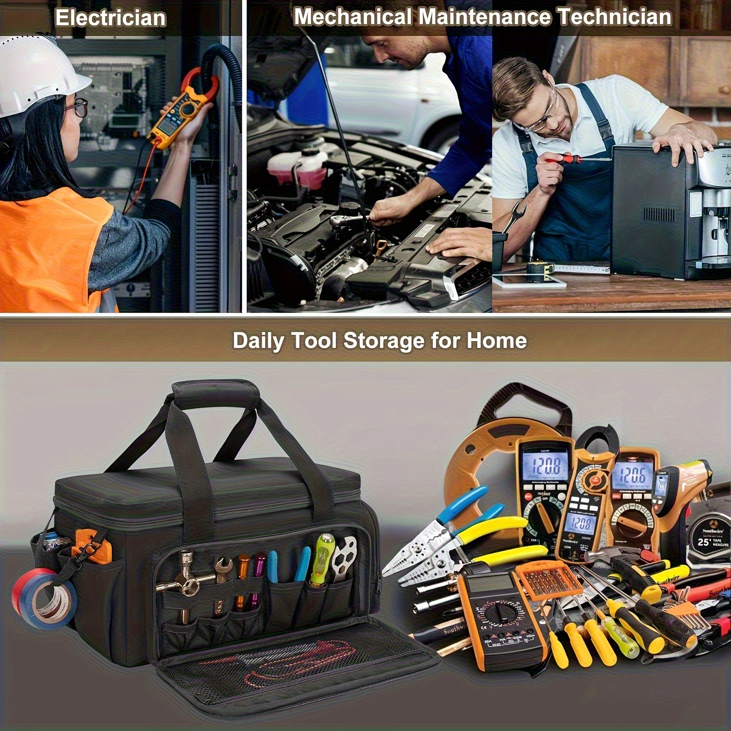 Juego de herramientas de 14 pulgadas con base resistente a rayones y caja de trabajo negra duradera para electricistas y técnicos de reparación—Práctico bolso de almacenamiento multi-compartimento