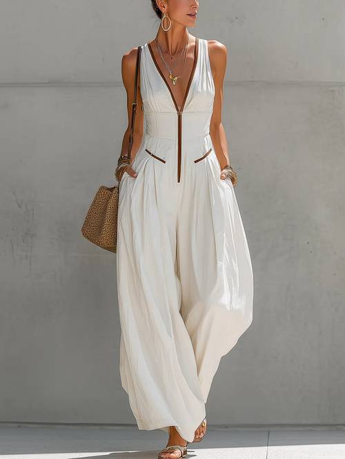 color block zipper waist cinching wide leg jumpsuit for women elegant relaxed suitable for light vacation lightly luxurious date chic looks