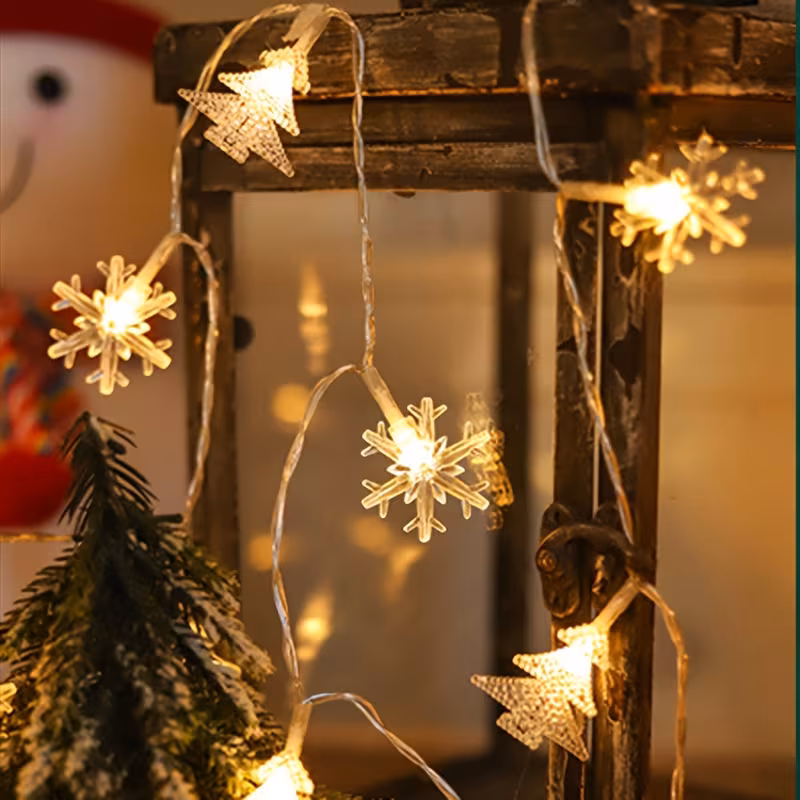 1 set of snowflake and christmas tree shaped led string lights plastic material battery powered batteries not included suitable for decorations for christmas thanksgiving new year and weddings Product details 1
