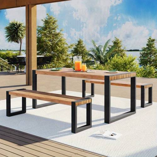 go 3pcs outdoor dining table with 2 benches patio dining set with unique top texture acacia wood top and all weather use for outdoor and indoor natural