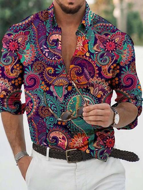 Men s Long-sleeve Shirt with Paisley Print, Bohemian , Suitable for Beachwear, Outdoor Scenes, and Summer Casual Occasions