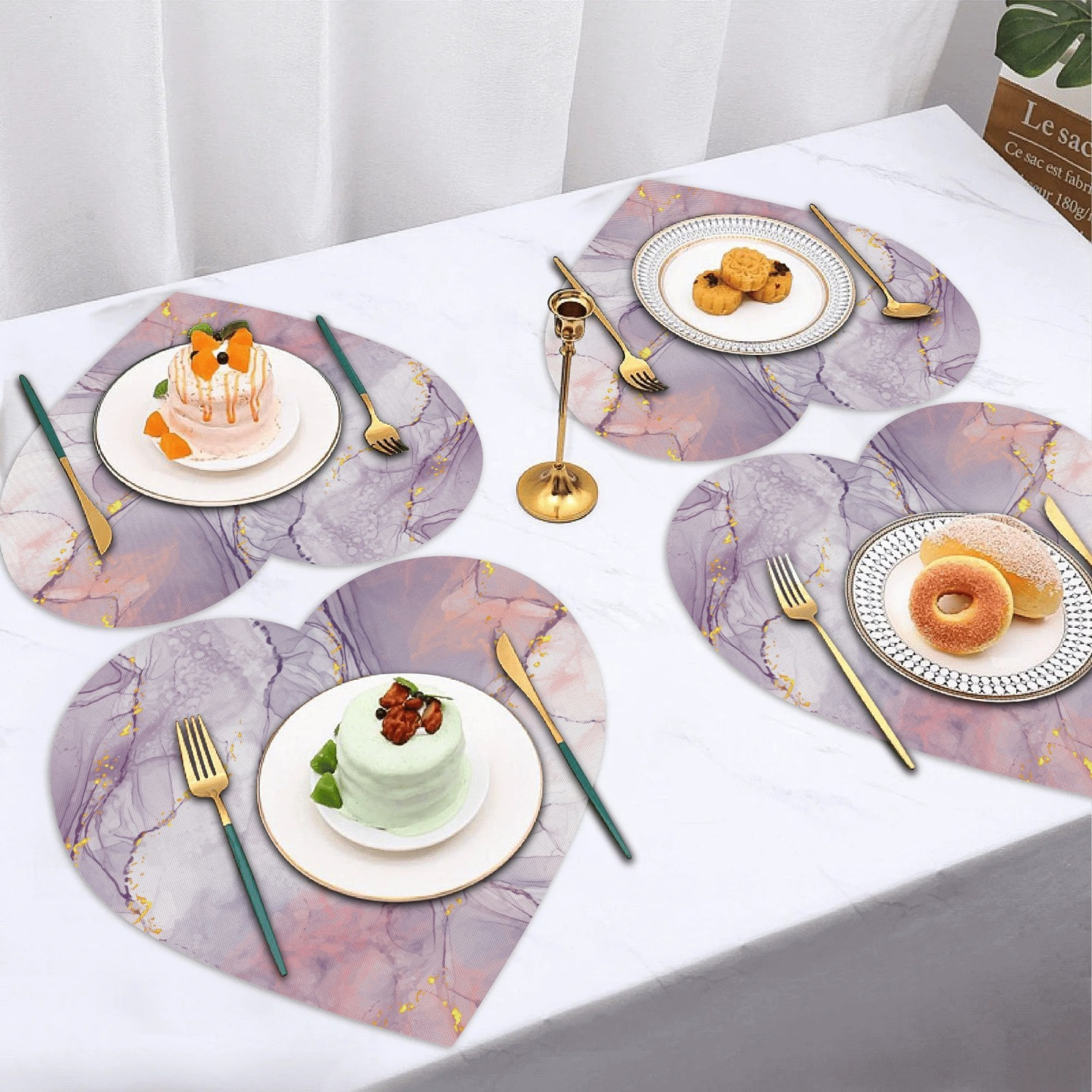 

4pcs Set Heart-shaped Purple Marble Placemats - Non-slip, Washable Polyester Table Mats For Valentine's Day & Dining Decor