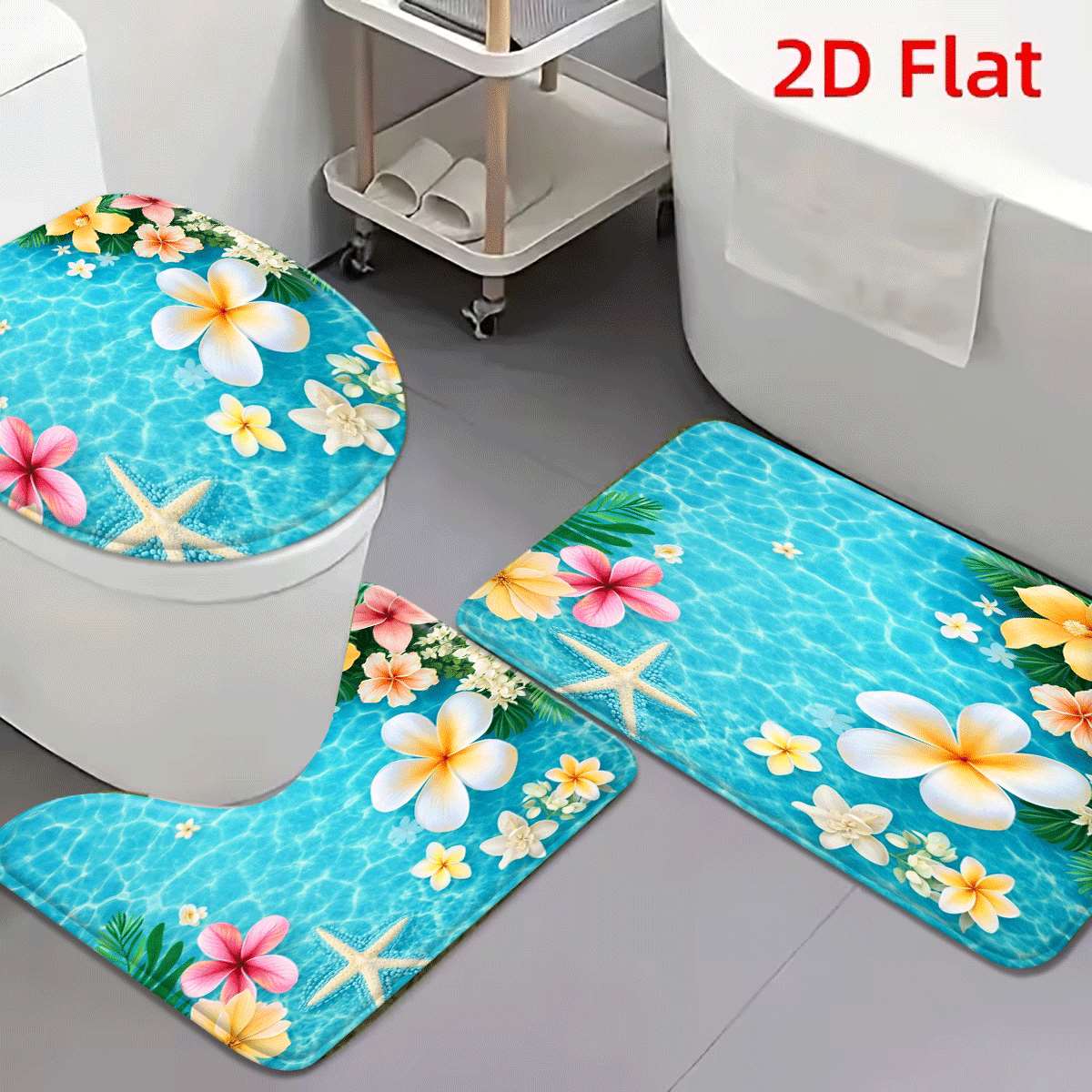 TEMU 2d Flat 3pcs Tropical Plumeria And Starfish Pattern Flannel Non-slip Absorbent Washable Toilet Mat For Bathroom Home Decor