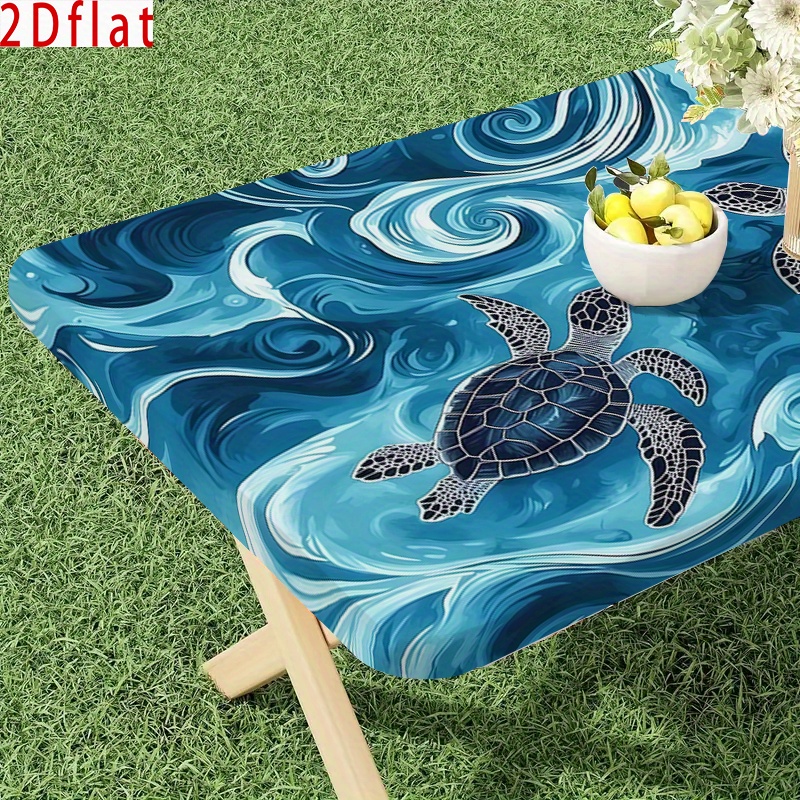 TEMU 2026 1pc Elastic Tablecover, Blue Wave Double Sea Turtle Pattern, Design Tablecloth, Fiber, Camping, Picnics, And Garden Parties, Holiday Decor,
