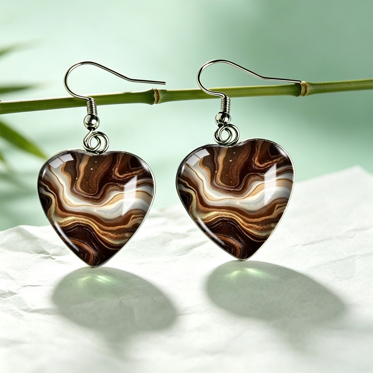 TEMU 1 Pair Light Agate Swirl Texture Printed Heart-shaped Earrings, Easy Neutral Aesthetic Unisex All-match Ear Jewelry, Without Battery