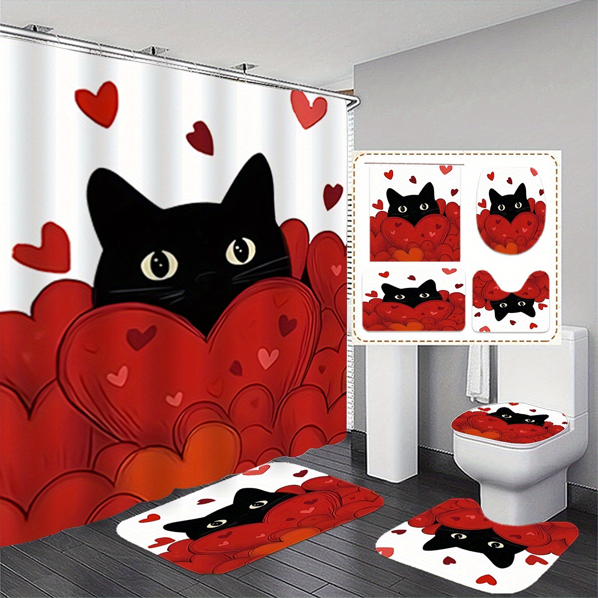 

1pc/3pcs & Heart Print Bathroom Set, Water-resistant Polyester Shower Curtain With Non-slip Mats, Toilet Cover, And 12 Hooks, Woven Decorative For Decor